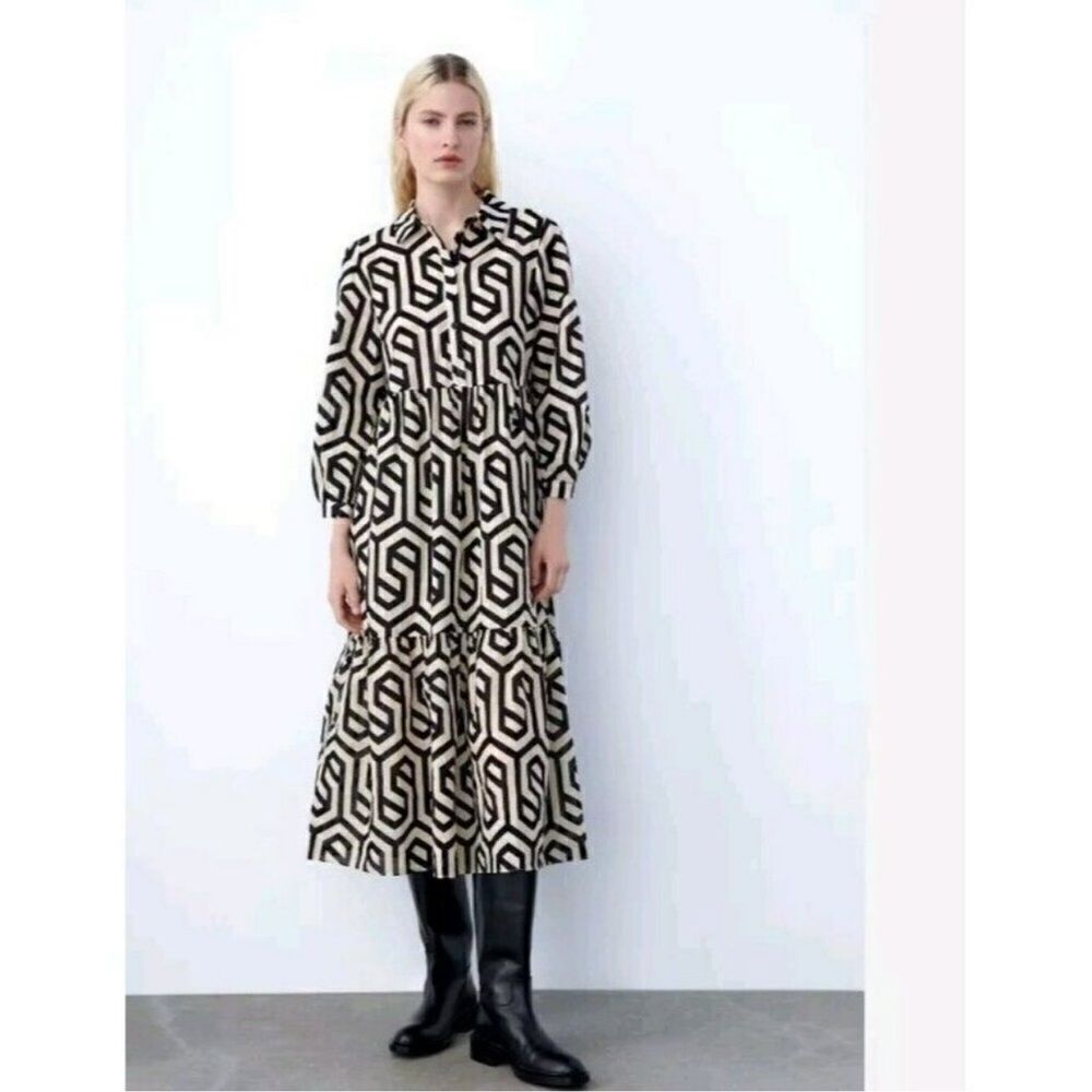 ZARA GEOMETRIC PRINT MIDI DRESS - Picture 3 of 4